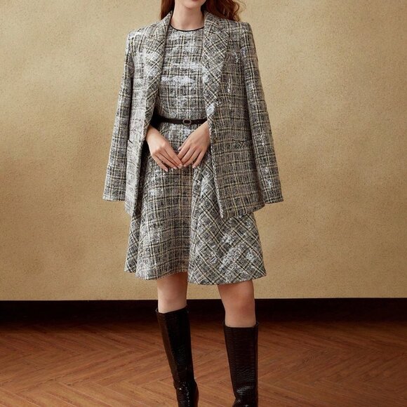 MULTICOLOR PREPPY WOMENS PLAID SEQUIN BLAZER - Picture 3 of 8